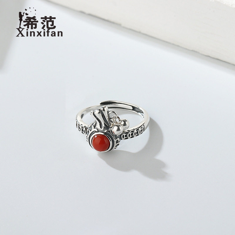 s925纯银南红宝石钱袋戒指铜钱指环女士复古泰银招财民族风手饰
