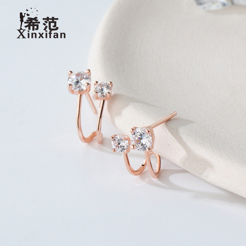 s925纯银四爪锆石耳钉女生双钻耳扣耳环日韩版时尚耳饰小众设计感