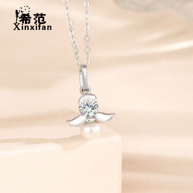 s925纯银韩版快乐天使项链女镶珍珠可爱小众锁骨链休闲风气质银饰