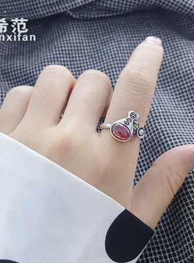 s925纯银石榴石钱袋戒指泰银个性