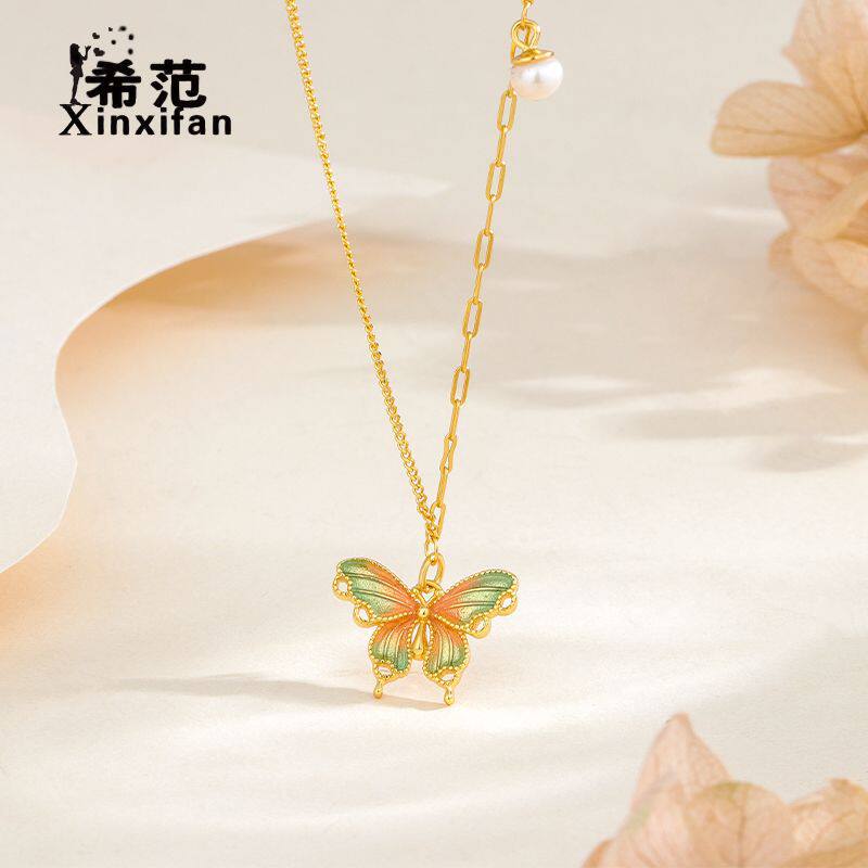 s925纯银彩色珐琅蝴蝶吊坠锁骨链女不对称项链轻奢风精致小众设计