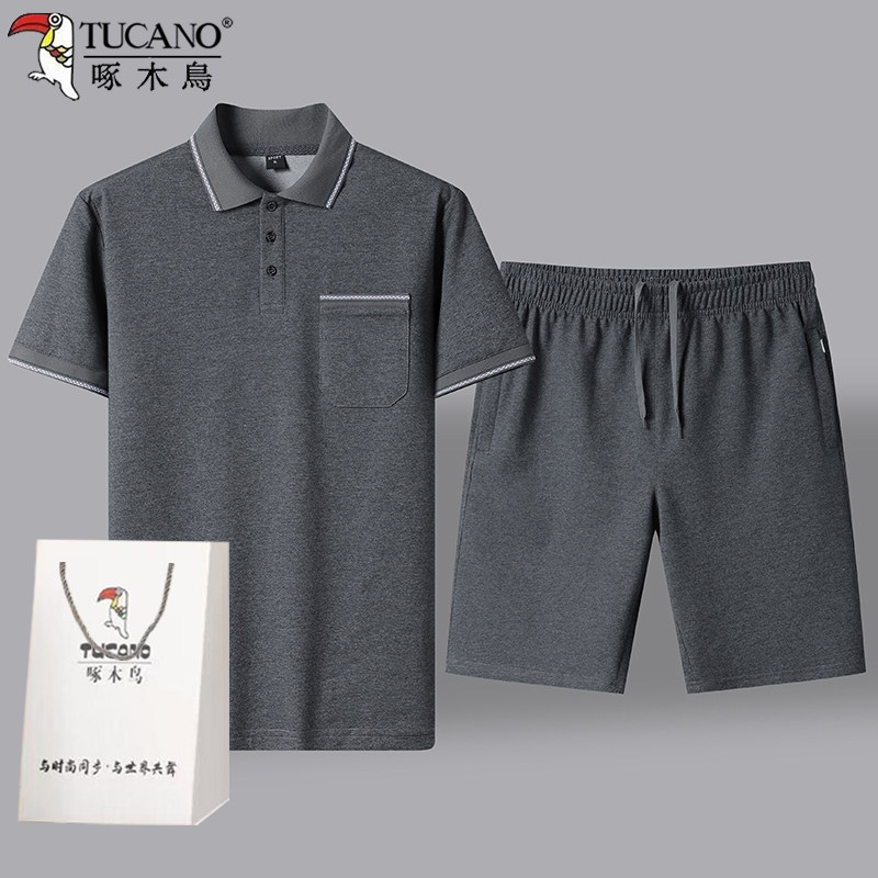 啄木鸟夏季男士运动套装爸爸装纯棉短袖短裤t恤中老年休闲POLO衫