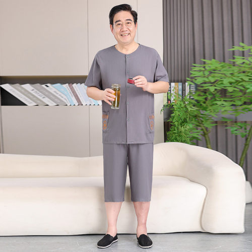 夏季中老年男士棉绸短袖睡衣套装