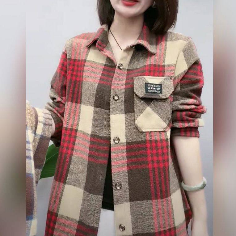 加厚磨毛格子衬衫春秋长袖女装中老年宽松显瘦洋气纯棉衬衣女外套
