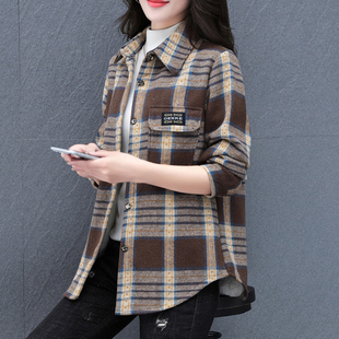 中老年女士格子衬衫 春秋季 女爆款 厚毛呢格子衬衫 显瘦宽松外套 新款