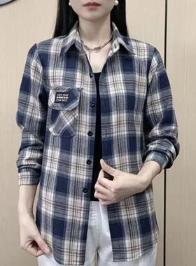 春夏新款长袖棉质格子衬衫