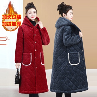 棉服加长款过膝盖加厚家居服保暖防寒棉衣外套女装加绒罩衣工作服