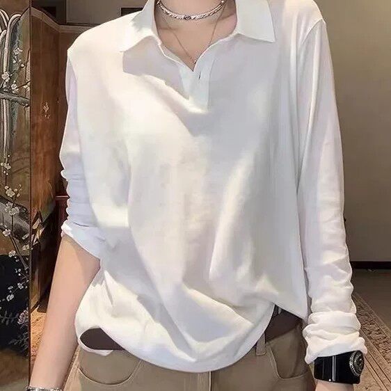 大码女装正肩polo领白色长袖t恤秋季新款胖mm内搭打底衫叠穿上衣