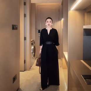 大码女装秋季新款宽松慵懒风V领插肩袖长裙子胖mm遮肚显瘦连衣裙