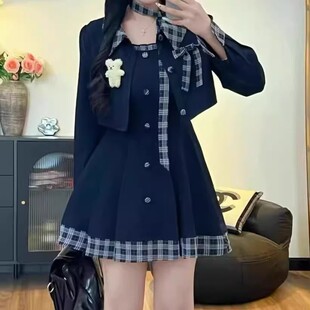 两件套 春秋微胖mm收腰显瘦长裙开衫 大码 学院风拼接吊带连衣裙套装