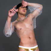 闪钻性感男士 T恤 背心上衣酒吧蹦迪透视烫钻渔网格镂空跳舞修身