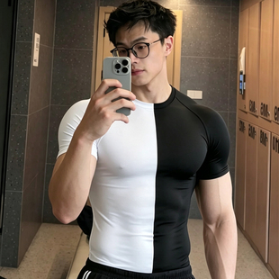 男士高弹黑白撞色健身短袖潮酷修身舞台派对上镜款阴阳速干上衣