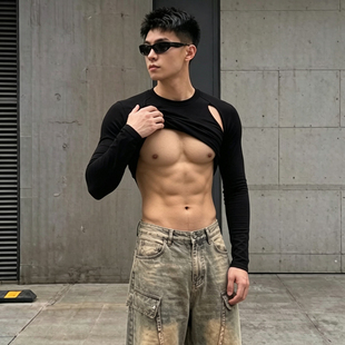 韩版男士露肩镂空短款上衣辣风修身露脐长袖T恤痞帅风修身短款