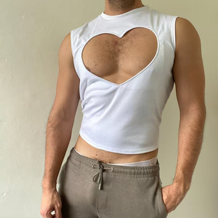 汗背心 白色镂空心形套头短款 潮流修身 圆领背心男夏季