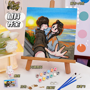 定制画newmasus装 饰填色diy数字油画女神情侣照片转卡通生日礼物