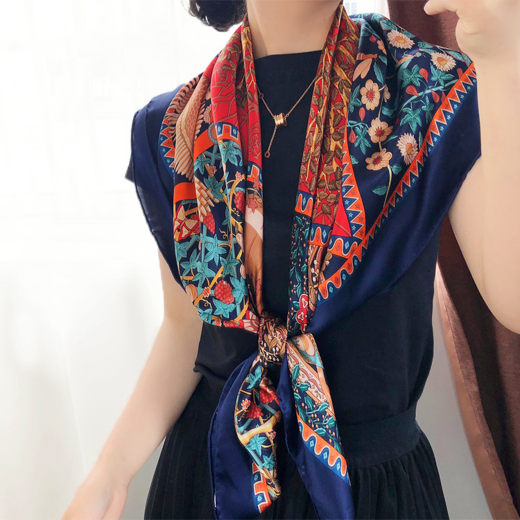 法式风情王妃蓝 真丝围巾女春秋季世界轴110缎面方巾桑蚕丝巾披肩