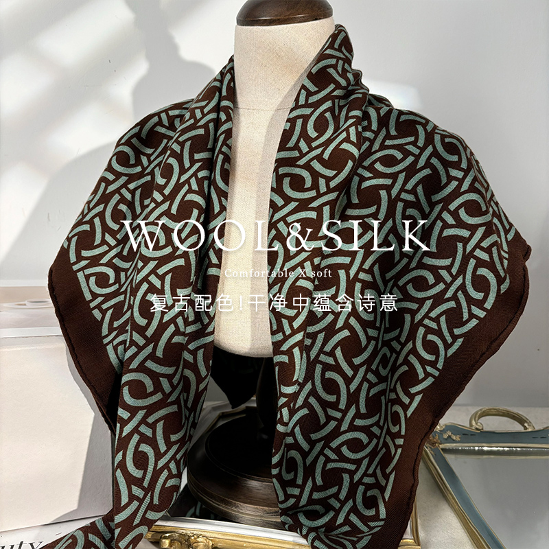 复古棕绿配色！丝毛围巾女冬季