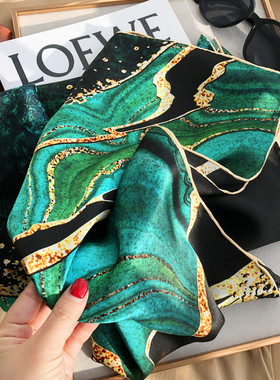 100%silk杭州丝绸桑蚕丝丝巾琉璃风光真丝围巾女110方巾披肩两用