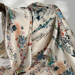 花鸟日记！雅致真丝丝巾女春秋高档缎面桑蚕丝围巾大方巾披肩两用