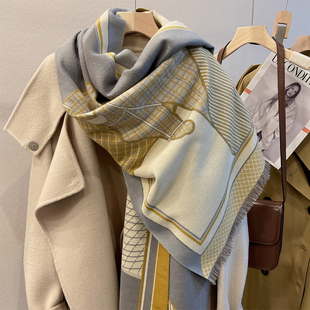 轻奢气质双面围巾冬季韩版披肩长款骏马图案加厚保暖仿羊绒围脖女