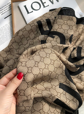 韩国东大门棉麻围巾女秋冬季韩版百搭灰色字母长款办公室披肩两用