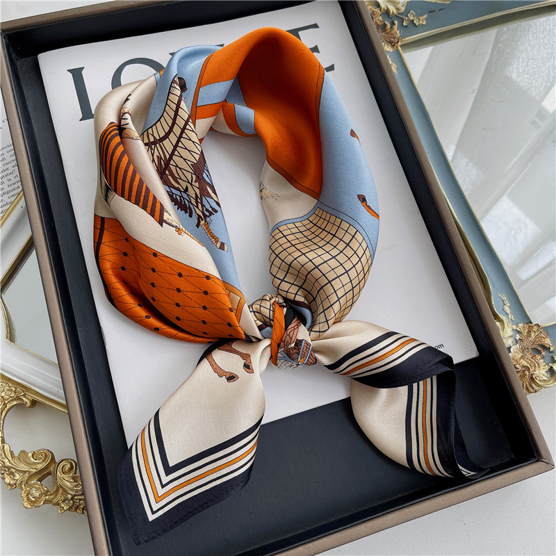 杭州丝绸真丝围巾女春夏季韩版橙色九宫格马70cm中方巾桑蚕丝丝巾