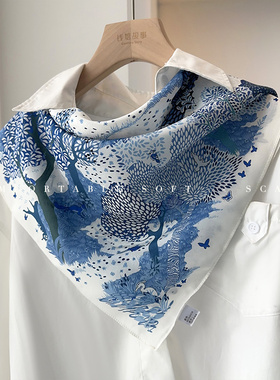 「蓝色森林」100%真丝双绉丝巾女春夏气质时髦桑蚕丝丝巾装饰领巾