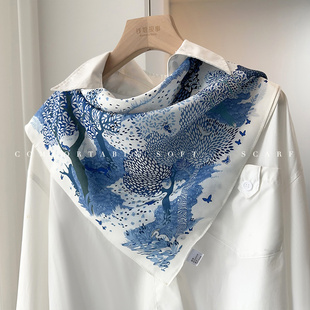 「蓝色森林」100%真丝双绉丝巾女春夏气质时髦桑蚕丝丝巾装饰领巾