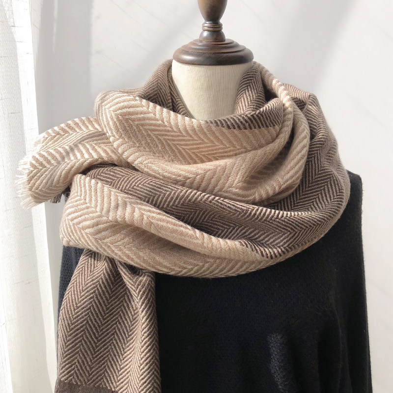 高档羊毛围巾女冬季英伦百搭男女情侣双面人字纹针织长款围脖两用