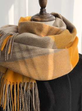 奢华体验纯羊毛围巾女冬季英伦风格子黄色与卡其长款加厚披肩两用