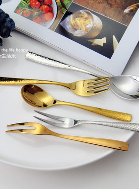 创意JOMU 锤点金色304不锈钢 水果叉  二齿叉月饼叉蛋糕叉 咖啡勺
