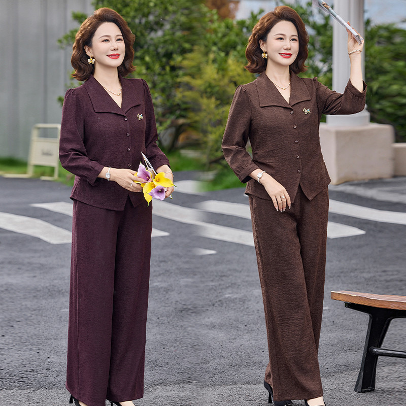 中老年女夏季翻领阔腿裤两件套