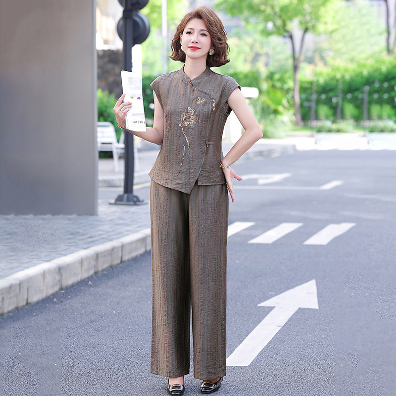 新中式刺绣阔腿裤女夏两件套