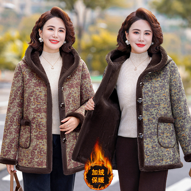 中老年妈妈装加绒加厚连帽棉衣