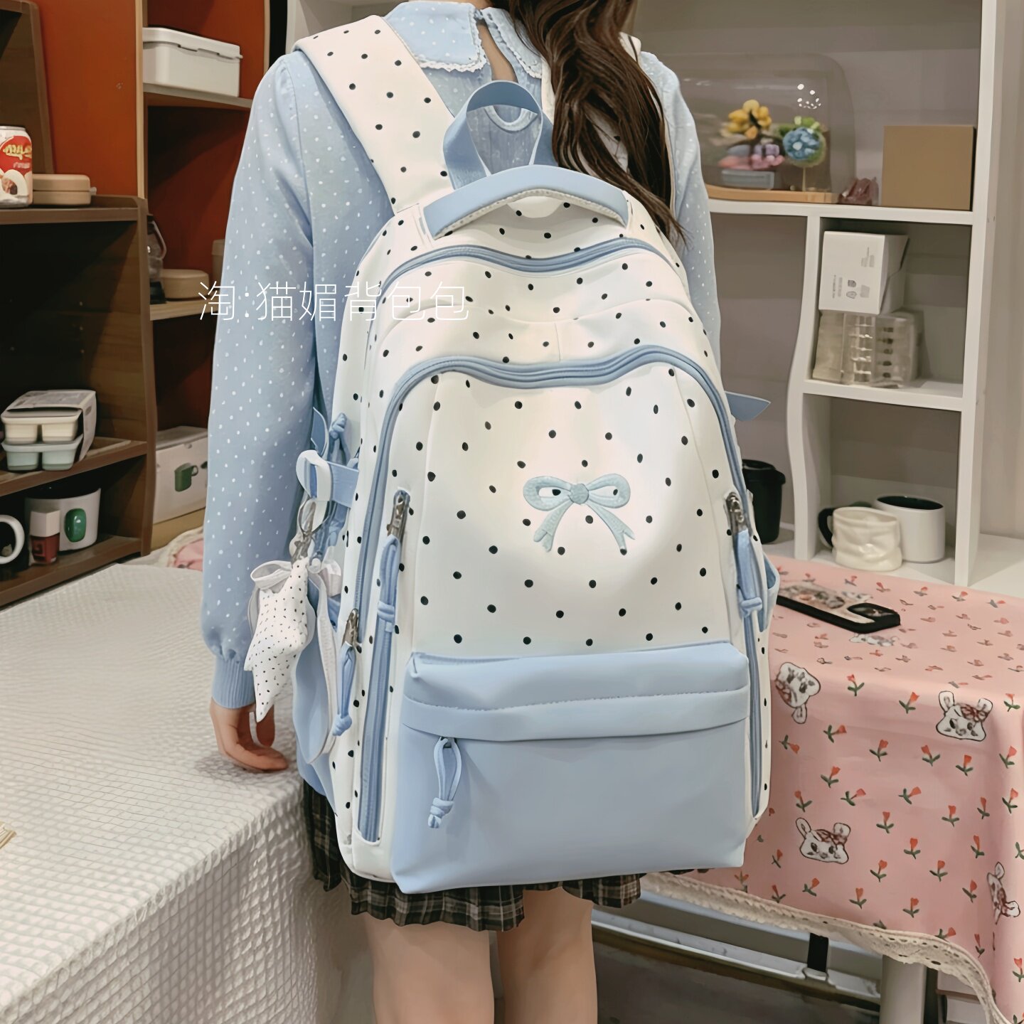 女生少女风波点尼龙双肩书包初中