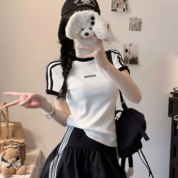美式白色正肩条纹短袖T恤女2025夏季新款辣妹修身显瘦短款小上衣