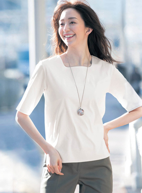 限量髙端 missLP进口纯棉白色双层不透宽松无边方领中袖短袖t恤女