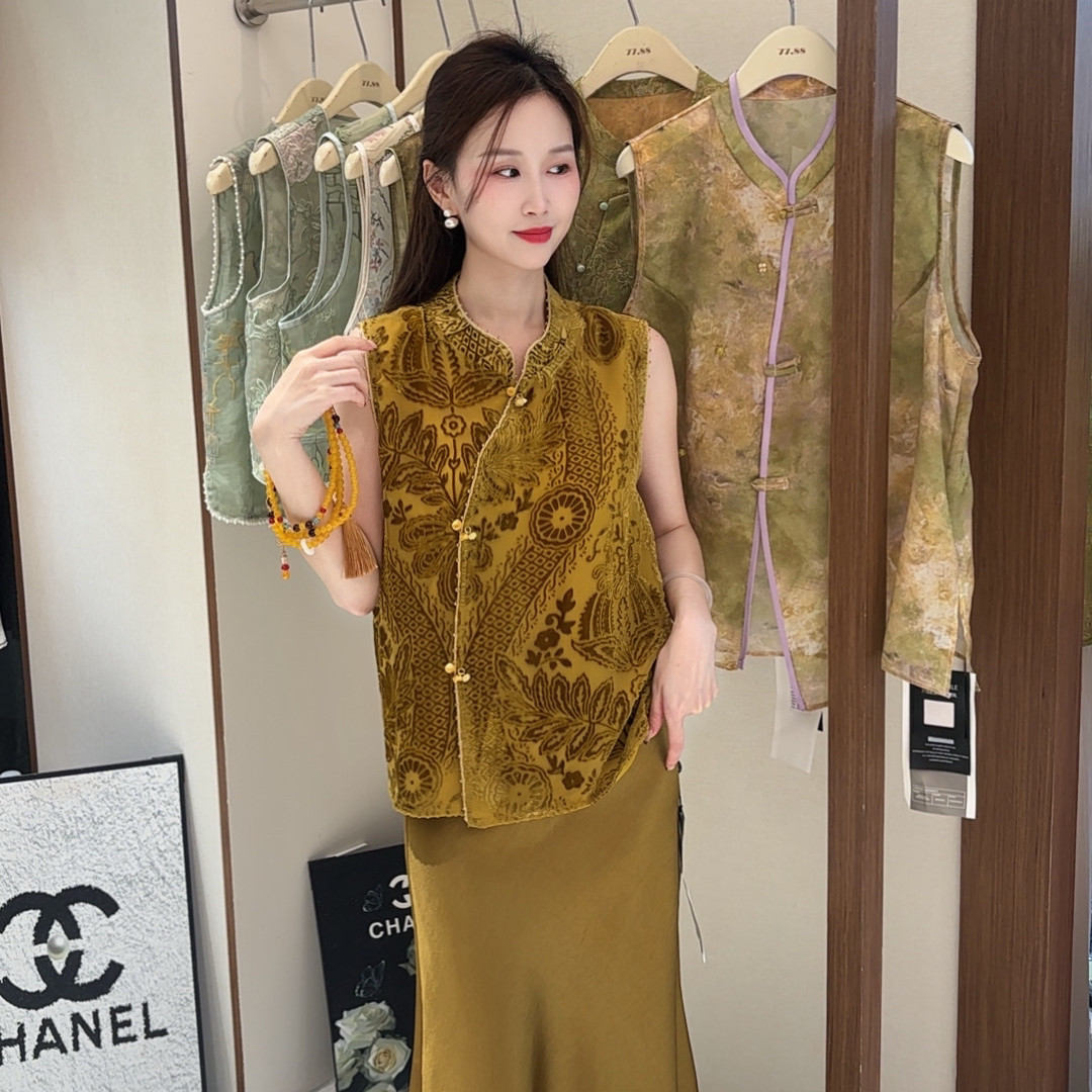 小香风袍设计感优雅气质小女人植绒镂空微透新中式国风马甲60236