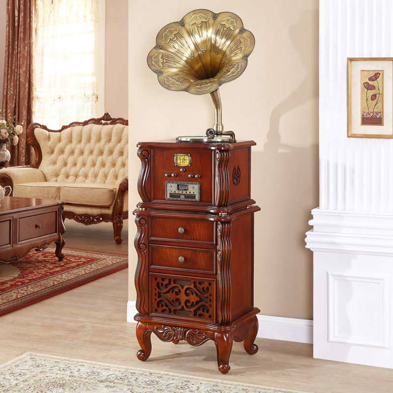 美式实木留声机欧式客厅复古黑胶唱片机老式大喇叭电唱机音响摆件