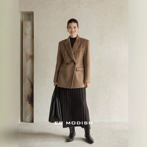 ES MODISH 冬季新品高端西装款收腰气质双面呢羊毛大衣女(配皮带)