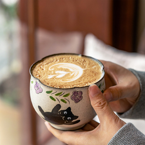 景德镇手作粗陶猫咪花口咖啡杯釉下彩手握杯拿铁咖啡杯拉花可爱杯