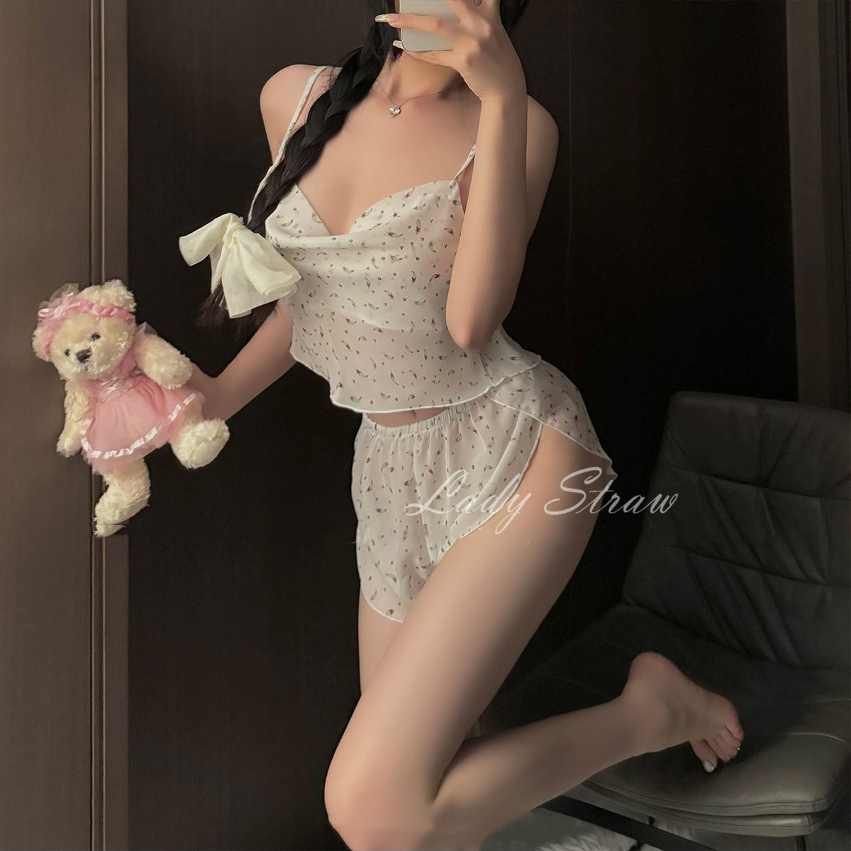 荔枝清酒~纯欲雪纺睡衣女性感开衩系带诱惑吊带上衣短裤两件套装