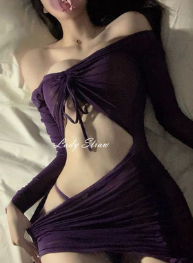 「LS」紫色透视纯欲内衣连衣裙女网免脱性感制服网纱套装睡裙睡衣