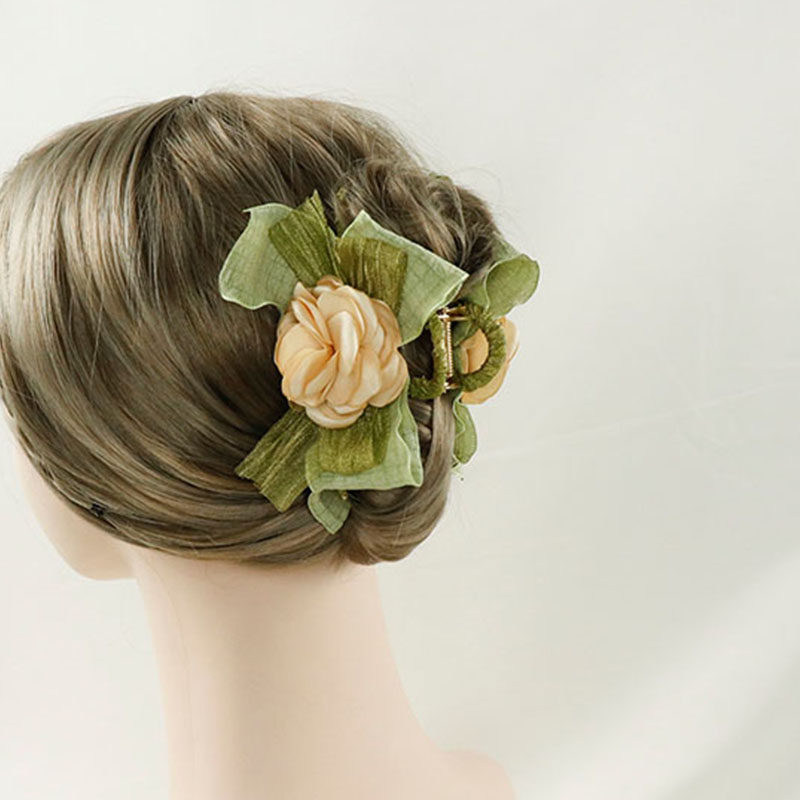 李七月花朵发夹绿色蝴蝶结发饰抓夹女高级感后脑勺头饰设计感饰品