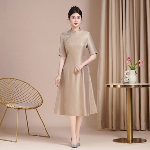 新中式旗袍连衣裙中长款遮肚子减龄小个子低领旗袍2025新款夏短袖