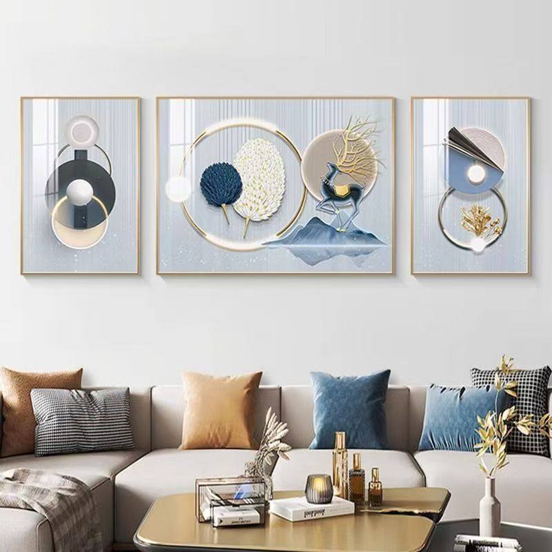 招财麋鹿三联画客厅满绣十字绣