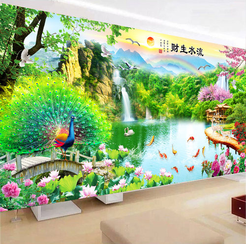 流水生财孔雀风景客厅满绣十字绣
