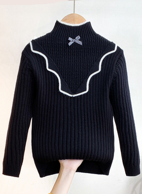 女童毛衣2025新款冬季儿童打底衫洋气中大童黑色针织内搭白色秋冬