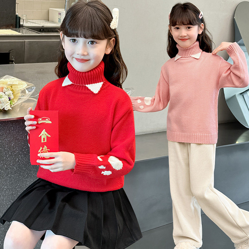 女童高领红色毛衣秋冬儿童打底衫2025新款冬季中大童针织内搭线衣