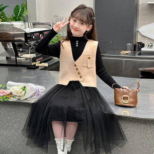 儿童针织马甲网纱套装 秋季 裙子时髦洋气冬 连衣裙2025新款 女童秋装